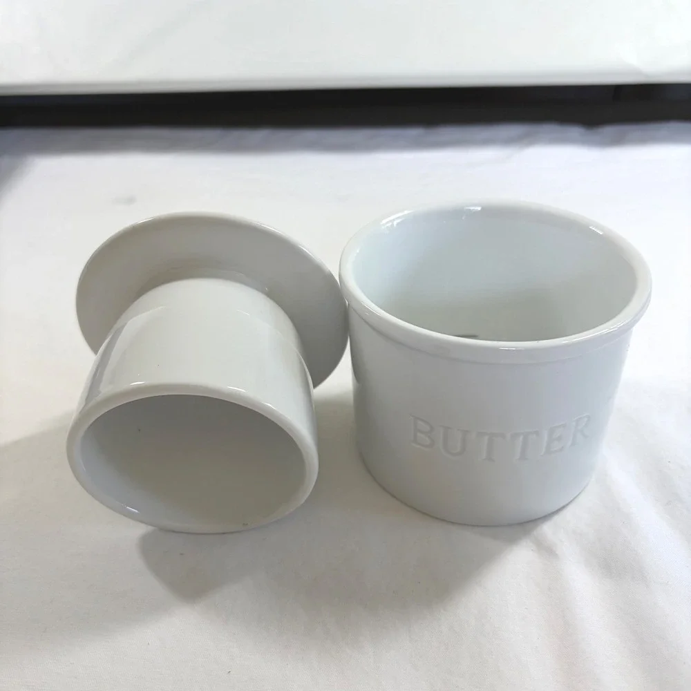 White Ceramic French Butter Bell Crock Farmhouse Embossed Butter Keeper